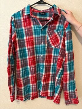 Boohoo Mens Red & Teal Plaid Long-Sleeve Button-Down Shirt